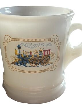 Avon White Ceramic Mug with Blue, Gold and Red Train Motif